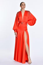 Load image into Gallery viewer, Long Sleeve Satin V Neck Deep Slit Gown
