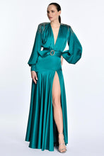 Load image into Gallery viewer, Long Sleeve Satin V Neck Deep Slit Gown
