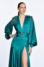 Load image into Gallery viewer, Long Sleeve Satin V Neck Deep Slit Gown
