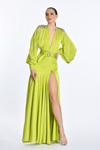 Load image into Gallery viewer, Long Sleeve Satin V Neck Deep Slit Gown
