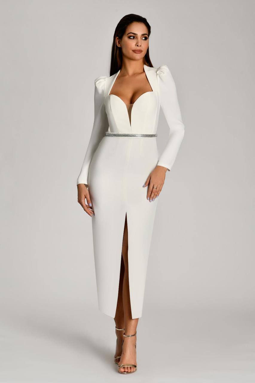 Long Sleeve Padded Low Cut Heart Chest Midi Cocktail Dress